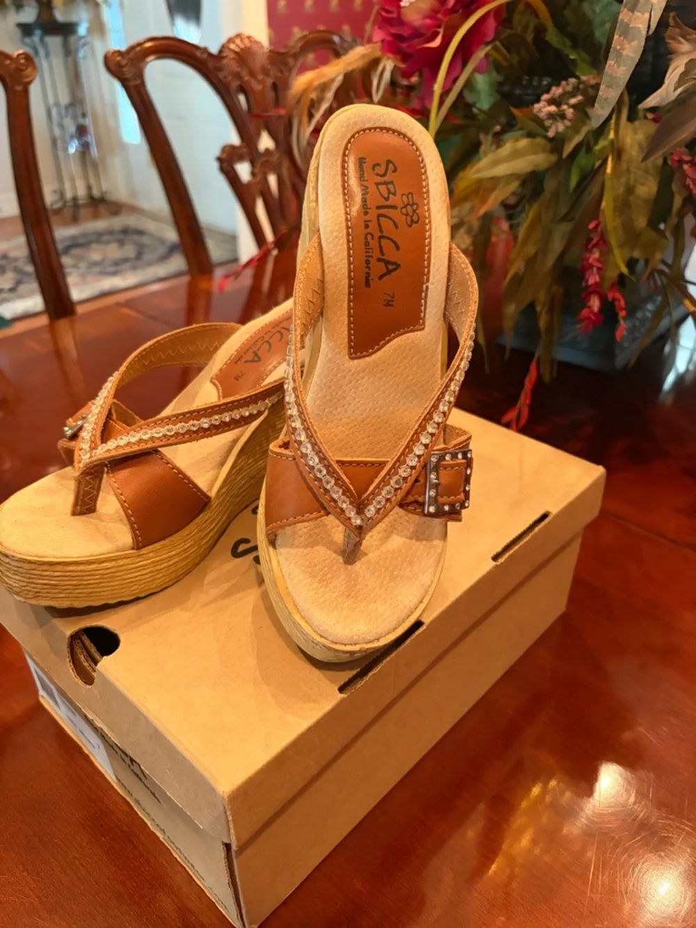 Sbicca Tan/Brown Wedge Sandals with Rhinestone Thong